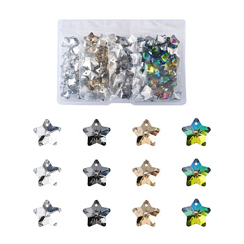 Electroplated Glass Charms, Silver Plated Bottom, Faceted, Star, Mixed Color, 13x14.5x8mm, Hole: 1mm, 4 colors, 25pcs/color, 100pcs/box