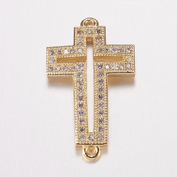 Brass Micro Pave Cubic Zirconia Links, Clear, Cross, Golden, 23.5x14x2mm, Hole: 1mm