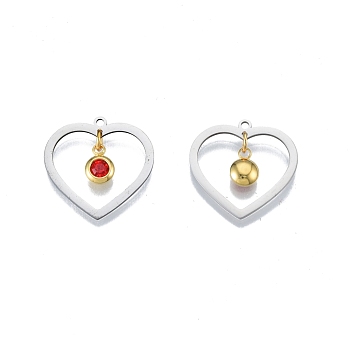 201 Stainless Steel Pendants, with Rhinestone, Heart with Flat Round, Real Gold Plated & Stainless Steel Color, Hyacinth, 23x24x1mm, Hole: 1.6mm
