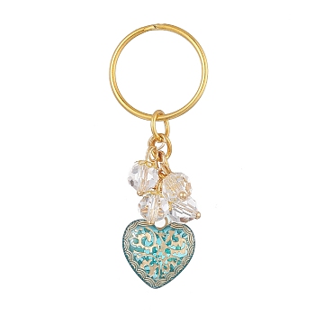 Golden Metal Enlaced Heart Acrylic Pendant Keychain, with Iron Split Key Rings and Glass Charm, Dark Cyan, 6.95cm