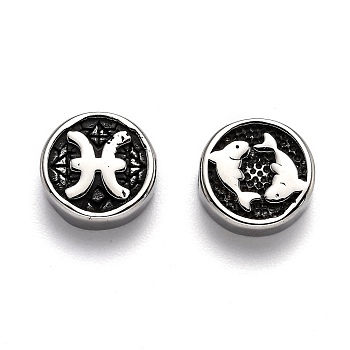304 Stainless Steel Beads, Flat Round with Twelve Constellations, Antique Silver, Pisces, 10x4mm, Hole: 1.8mm