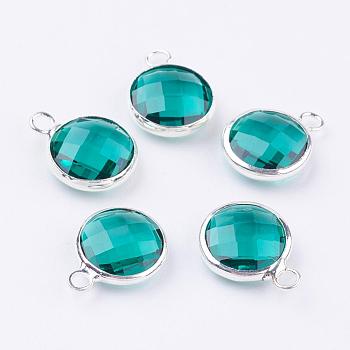 Silver Color Plated Brass Glass Flat Round Charms, Faceted, Dark Cyan, 12x8.5x3mm, Hole: 1.5mm
