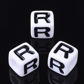 Acrylic Horizontal Hole Letter Beads, Cube, Letter R, White, Size: about 7mm wide, 7mm long, 7mm high, hole: 3.5mm, about 200pcs/50g