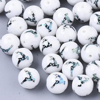 Christmas Opaque Glass Beads, Round with Electroplate Elk Christmas Reindeer/Stag Pattern, Green Plated, 10mm, Hole: 1.2mm