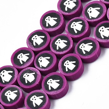 Handmade Polymer Clay Bead Strands, Halloween Style, Flat Round with Ghost, Purple, 9~10x4mm, Hole: 1.6mm, about 40pcs/strand, 15.16 inch(38.5cm)