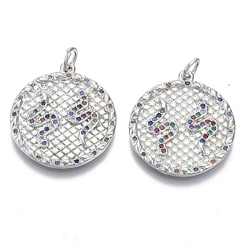 Brass Micro Pave Cubic Zirconia Pendants, Textured, with Jump Rings, Nickel Free, Flat Round with Double Snakes, Colorful, Real Platinum Plated, 23x20x2mm, Jump Ring: 5x0.6mm, inner diameter: 3mm