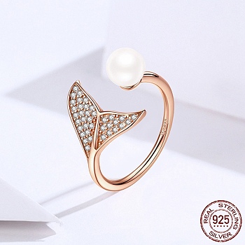 Adjustable 925 Sterling Silver Finger Rings, with Cubic Zirconia and Shell Pearl, with 925 Stamp, Mermaid Tail Shape, Clear, Rose Gold, 1.5mm