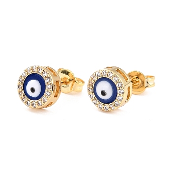 Blue Evil Eye Brass Stud Earrings, Cubic Zirconia Earrings for Girl Women, Real 18K Gold Plated, 8mm, Pin: 0.7mm