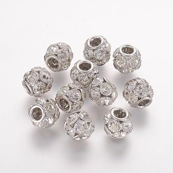 Brass Beads, with Grade A Rhinestone, Rondelle, Platinum, Crystal, 12x10mm, Hole: 4mm