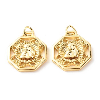 Brass Pendants, with Jump Ring, Cadmium Free & Lead Free, Hexagon, Real 18K Gold Plated, 23x17.5x3mm, Hole: 3.5mm