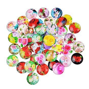 Flower Printed Glass Cabochons, Half Round/Dome, Mixed Color, 25x7mm, 50pcs/box