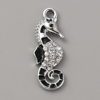 Alloy with Crystal Rhinestone & Black Enamel Pendants, Sea Horse Charms, Platinum, 23x8x2.5mm, Hole: 1.8mm