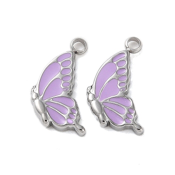 304 Stainless Steel with Enamel Charms, Butterfly Charm, Stainless Steel Color, Medium Orchid, 14.5x9x2mm, Hole: 1.6mm