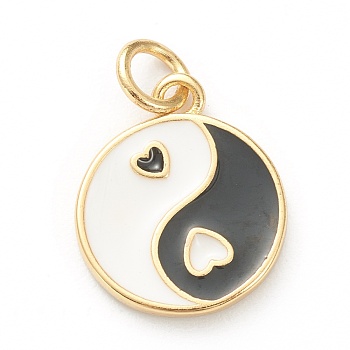 Brass Enamel Pendants, Long-Lasting Plated, Real 18K Gold Plated, Flat Round with Heart, Black, 14x11.5x2mm, Hole: 3mm