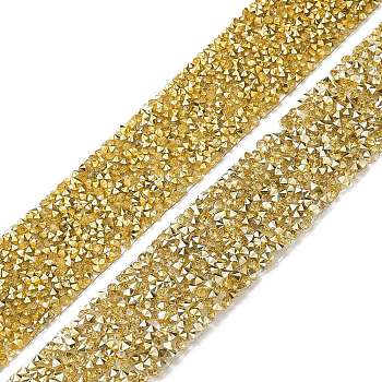 Glitter Resin Hotfix Rhinestone(Hot Melt Adhesive On The Back), Rhinestone Trimming, Costume Accessories, Gold, 30~35x2.5mm, about 65~85cm/pc