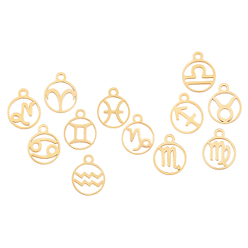 201 Stainless Steel Charms, Flat Round with Constellation, Golden, 13.4x10.8x1mm, Hole: 1.5mm, 12constellations, 1pc/constellation, 12pcs/box