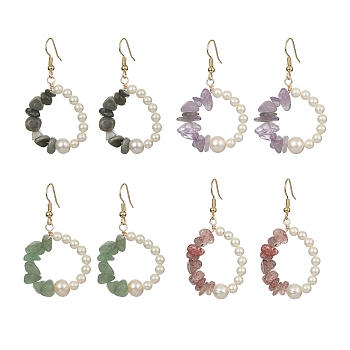 4Pcs 4 Style Natural Mixed Gemstone & Shell Pearl Ring Dangle Earrings, 49~52x28.5~30mm, 1 Pair/style