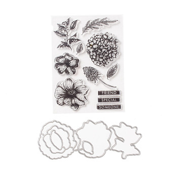 Clear Silicone Stamps and Carbon Steel Cutting Dies Set, for DIY Scrapbooking, Photo Album Decorative, Cards Making, Stamp Sheets, Flower Pattern, Stamps: 11x15x0.3cm; Cutting Dies Stencils: 15.5x16x0.07cm, 2pcs/set