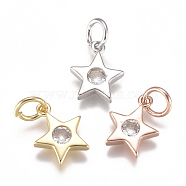 Brass Micro Pave Cubic Zirconia Charms, with Jump Ring, Long-Lasting Plated, Star, Mixed Color, Clear, 10x9x2mm, Hole: 3mm(ZIRC-F111-09-08)