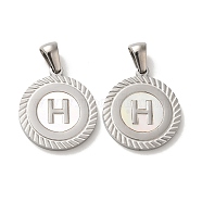 304 Stainless Steel Pendants, Flat Round Shell Charms with Letter, Stainless Steel Color, Letter H, 20.5x17.5x1.5mm, Hole: 2.5x4.5mm(STAS-I204-H-P)