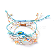 Adjustable Braided Bead Bracelets, with Printed Cowrie Shell Beads and Cotton Cord, Marine Organism Pattern, Mixed Color, Inner Diameter: 3/4 inch~3 inch(2.1~7.8cm), 3pcs/set(BJEW-JB05152)