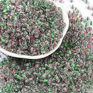 Transparent Inside Colours Glass Seed Beads, Round Hole, Round, Spring Green, 4x3mm, Hole: 1.4mm, about 6428pcs/pound(SEED-A032-04U)