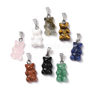 Natural Mixed Stone Pendants, with Stainless Steel Color Tone 201 Stainless Steel Findings, Bear, Mixed Dyed and Undyed, 27.5mm, Hole: 2.5x7.5mm, Bear: 21x11x6.5mm(G-G854-01P)