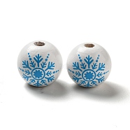 Christmas Snowflake Printed Wood European Beads, Large Hole Beads, Round, White, 16mm, Hole: 4mm(WOOD-K007-05A)