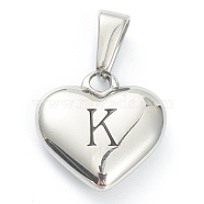 304 Stainless Steel Pendants, Heart with Black Letter, Stainless Steel Color, Letter.K, 16x16x4.5mm, Hole: 7x3mm(STAS-P278-01K-P)