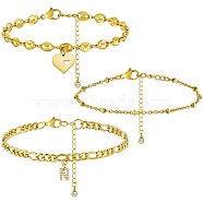 Anklets Sets, with Brass Micro Pave Cubic Zirconia Charms, 304 Stainless Steel Chain Extender & Figaro Chains & Pendant  & Lobster Claw Clasps & Cable Chains & Coffee Bean Chains, Letter.N, 9x5.5x1.5mm, 8-1/2 inch(21.5cm), 3pcs/set(AJEW-AN00383-14)