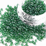 (Repacking Service Available) Glass Seed Beads, Trans. Colours Lustered, Round, Goreen, 8/0, 3mm, Hole: 1mm, about 12G/bag(SEED-C015-3mm-107)