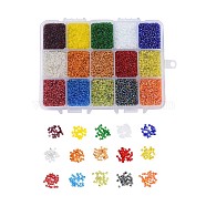 Glass Seed Beads, Frosted Colors & Transparent Colours Rainbow & Transparent Colours Lustered & Silver Lined & Transparent, Round Hole, Round, Mixed Color, 2mm, Hole: 1mm, 15colors, 24g/color, 360g/box(SEED-JP0007-20)