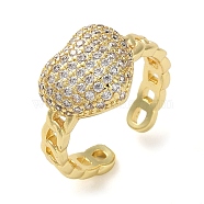 Rack Plating Brass Micro Pave Cubic Zirconia Open Cuff Rings, Real 18K Gold Plated, Heart, Adjustable(RJEW-K266-08B-G)