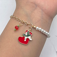 Christmas Jewelry, Alloy Enamel Charm Bracelets for Women, with Plastic Imitation Pearl, Christmas Socking(NB3744-5)