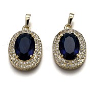 Golden Plated Brass Micro Pave Clear Cubic Zirconia Pendants, with Glass, with Snap on Bails, Long-Lasting Plated, Oval, Medium Blue, 22.5x16x7mm, Hole: 3x5mm(ZIRC-F123-02K)