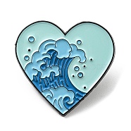 Heart with Wave Enamel Pin, Electrophoresis Black Alloy Brooch for Backpack Clothes, Aquamarine, 28.5x30x1.6mm(JEWB-B006-05A)