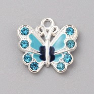 Alloy Enamel Pendants, with Rhinestones, Butterfly Charms, Cyan, 21x22x3.7mm, Hole: 2.5mm(FIND-WH0417-27B)