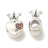 Rack Plating Alloy European Beads, with Rhinestone, Large Hole Beads, Lead Free & Cadmium Free, Heart Crown with Word Love, Antique Silver, 14x9.5x7.5mm, Hole: 4.5mm(FIND-H005-28AS)