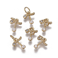 Brass Charms, with Cubic Zirconia and Shell Pearl Bead, Letter, Golden, Clear, Letter.T, 9.5~11x3.5~10.8x3~3.5mm, Hole: 3.5mm(KK-L179-08T-G)