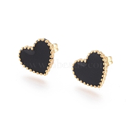304 Stainless Steel Stud Earrings, with Enamel and Ear Nuts, Heart, Black, Golden, 9.5x10.5x1.5mm, Pin: 0.6mm, 6pairs/card(EJEW-I235-04G-A)