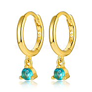Real 18K Gold Plated 925 Sterling Silver Hoop Earrings, with Cubic Zirconia Diamond Charms, with S925 Stamp, Cyan, 17mm(MN0975-12)