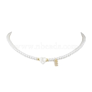 Brass Micro Pave Grade AAA Cubic Zirconia Letter Pendant Necklaces, Heart & Round Baking Painted Pearlized Glass Pearl Beaded Necklaces for Women, Letter E, 15.20 inch(38.6cm)(NJEW-JN04771-05)