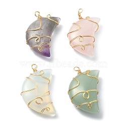 Natural & Synthetic Mixed Gemstone Pendants, Moon Charms, with Real 18K Gold Plated Eco-Friendly Copper Wire Wrapped, 34~37x22~24x9.5~11.5mm, Hole: 1.7~2.2mm(PALLOY-JF02121)