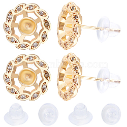6Pcs Brass Micro Pave Cubic Zirconia Stud Earrings Settings, with 925 Sterling Silver Pin, Real 14K Gold Plated, for Half Drilled Beads, with 10Pcs Plastic Ear Nuts, Flat Round, 11.5mm, Pin: 0.8mm(KK-BBC0008-69B)