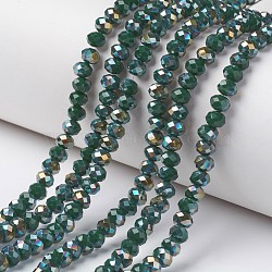 Electroplate Opaque Glass Beads Strands, Half Green Plated, Faceted, Rondelle, Dark Slate Gray, 6x5mm, Hole: 1mm, about 85~88pcs/strand, 16.1~16.5 inch(41~42cm)(EGLA-A034-P6mm-S03)
