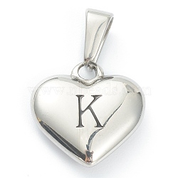 304 Stainless Steel Pendants, Heart with Black Letter, Stainless Steel Color, Letter.K, 16x16x4.5mm, Hole: 7x3mm(STAS-P278-01K-P)