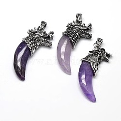 Antique Silver Zinc Alloy Natural Amethyst Big Pendants, Tusk Shape with Dragon, Lead Free & Nickel Free, 56~59x25x11.5mm, Hole: 4x8mm(G-F228-62I-FF)