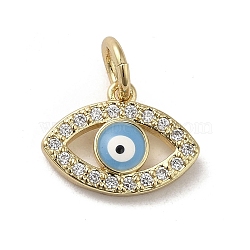 Brass Micro Pave Cubic Zirconia Charms, with Enamel, with Jump Ring, Real 18K Gold Plated, Evil Eye, Light Sky Blue, 10.5x14.5x2.5mm, Hole: 3.6mm(KK-E092-07G-01)