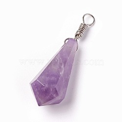 Natural Amethyst Pendants, with Brass Findings, Cone, Platinum, 44~46x14~15mm, Hole: 4mm(G-I220-E03)