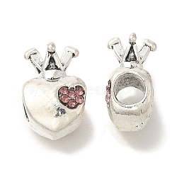 Rack Plating Alloy European Beads, with Rhinestone, Large Hole Beads, Lead Free & Cadmium Free, Heart Crown with Word Love, Antique Silver, 14x9.5x7.5mm, Hole: 4.5mm(FIND-H005-28AS)